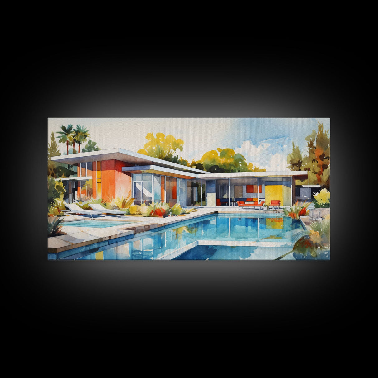 Architecture Art, Midcentury Modern, House Portrait, Watercolor House, Panoramic Art, Wall Art, Canvas Art, Landscape Art, Realtor Gift