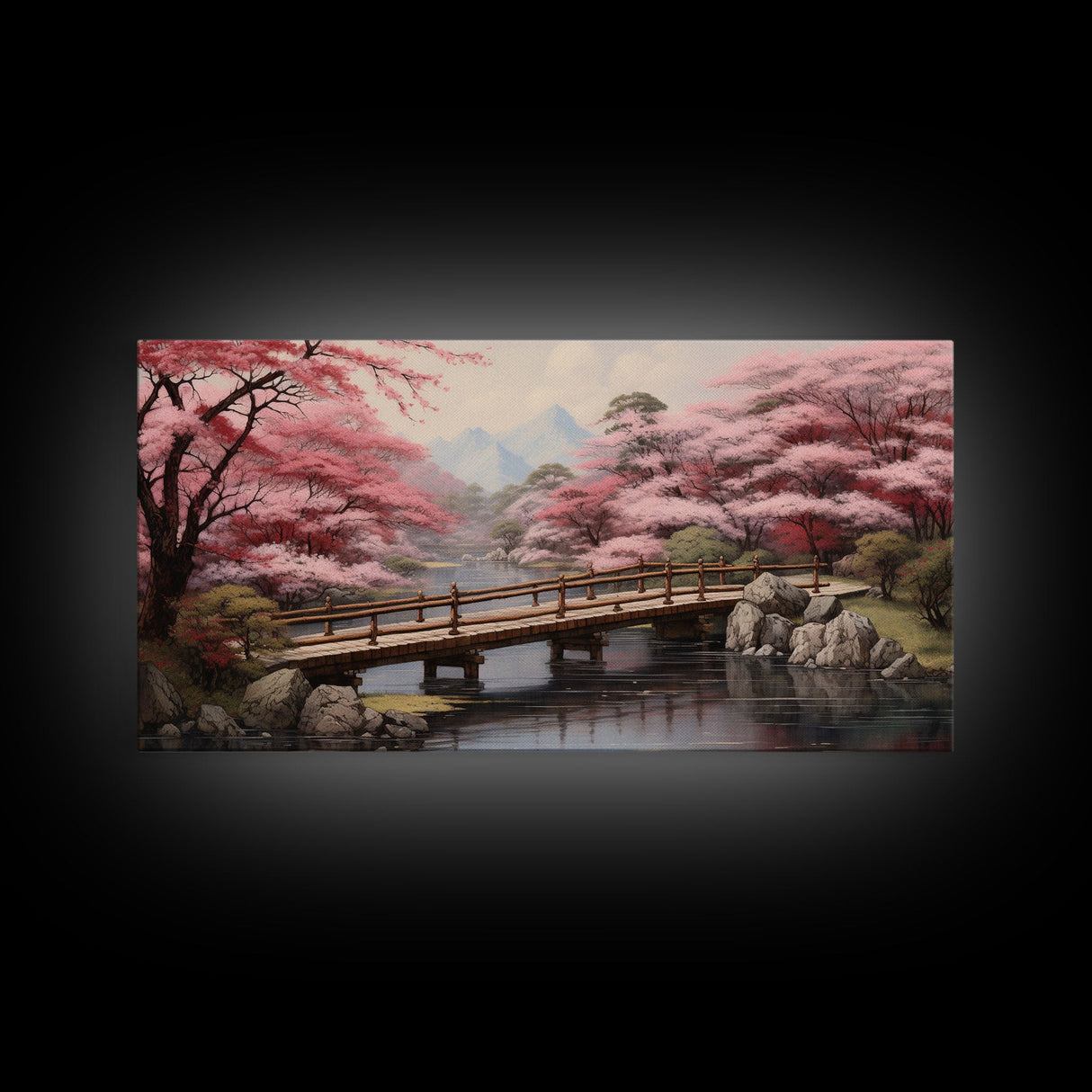 Japanese Wall Art, Cherry Blossoms, River Wall Art, Panoramic Art, Wall Art, Canvas Art, Landscape Art Print, Office Wall Art, Kitchen Art