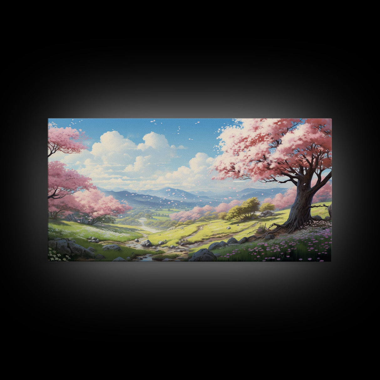 Cherry Blossom Art, Mountains Wall Art, Spring Art, Panoramic Art, Wall Art, Canvas Art, Landscape Art, Teacher Gift, Family Room Art