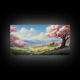 Cherry Blossom Art, Mountains Wall Art, Spring Art, Panoramic Art, Wall Art, Canvas Art, Landscape Art, Teacher Gift, Family Room Art