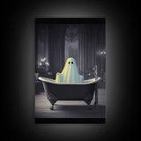 Funny Halloween Art, Ghost Takin' A Bath, Framed Canvas Print, Halloween Canvas, Ghost In The Tub, Goofy Gothic Victorian Art
