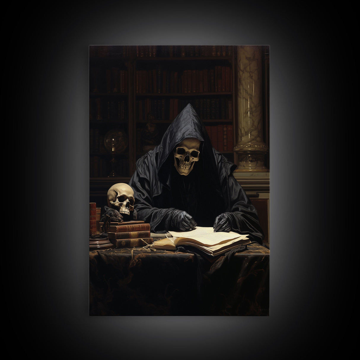 The Grim Reaper In His Study, Gothic Halloween Decor, Framed Canvas Print, Scary Horror Art, Goth Decor, Moody Oil Painting, Dark Academia