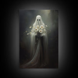 The Ghost With The Flowers, Gothic Halloween Decor, Framed Canvas Print, Scary Horror Art, Goth Decor, Moody Oil Painting, Dark Academia