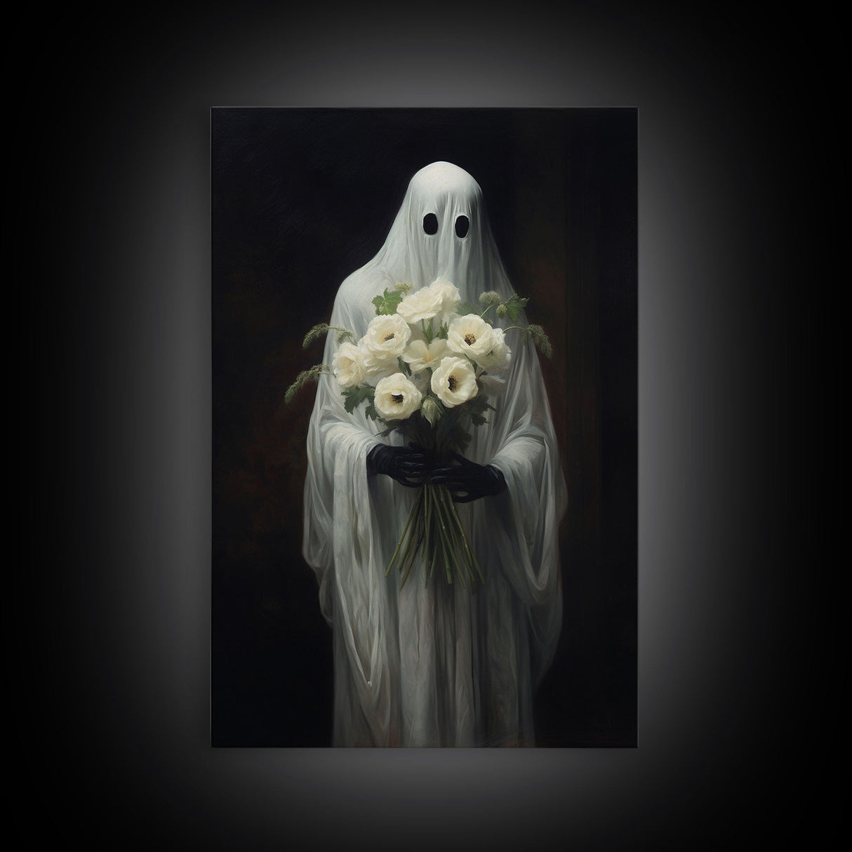 The Ghost With The Flowers, Halloween Canvas Print, Framed Canvas, Unique Wall Art, Goth Art, Dark Academia, Witch Art, Witchcraft