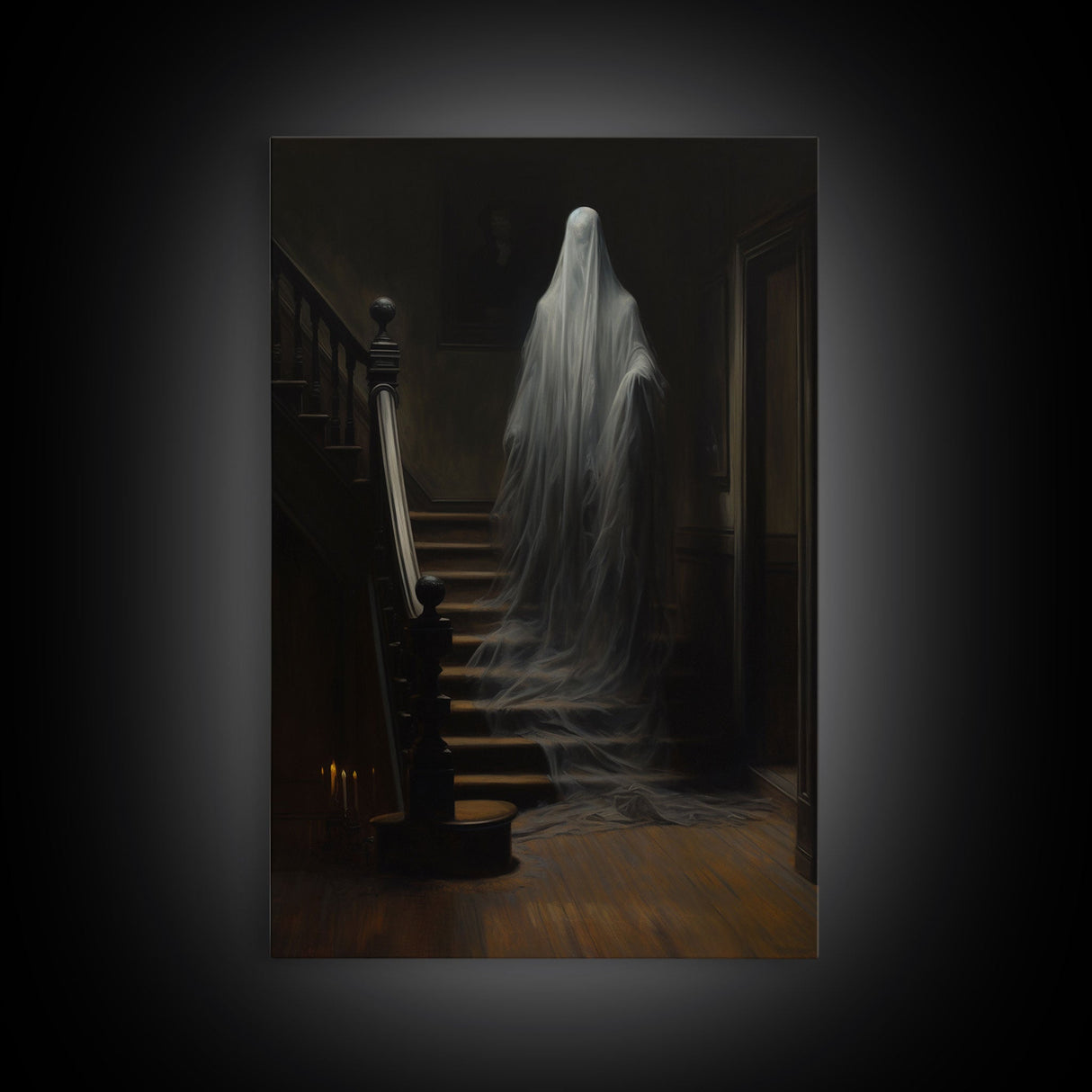 The Ghost On The Stairs, Macabre Halloween Decor, Halloween Poster / Canvas Print, Framed Wall Art, Dark Academia Goth Art