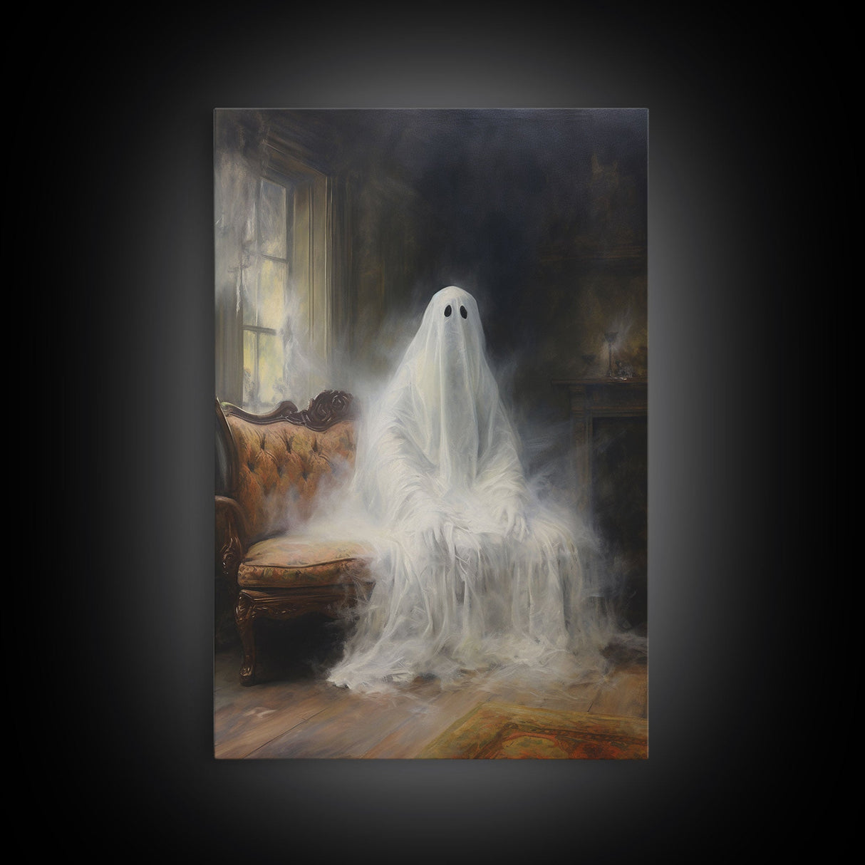 The Ghost Sits On The Sofa, Framed Canvas or Canvas Print, Gothic Victorian Halloween Painting, Cool Halloween Decor