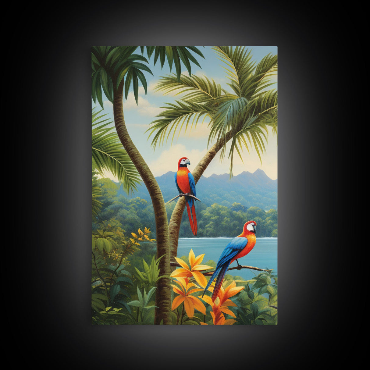 Palm Tree Art, Tropical Wall Art, Macaw, Landscape Art Print, Canvas Print, Wall Art, 3 Piece Wall Art, Retirement Gifts, Apartment Wall Art