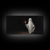 The Ghost With The Candle, Framed Canvas Print, Dark Academia Wall Art, Victorian Oil Painting Style Halloween Wall Art, Ghost Print