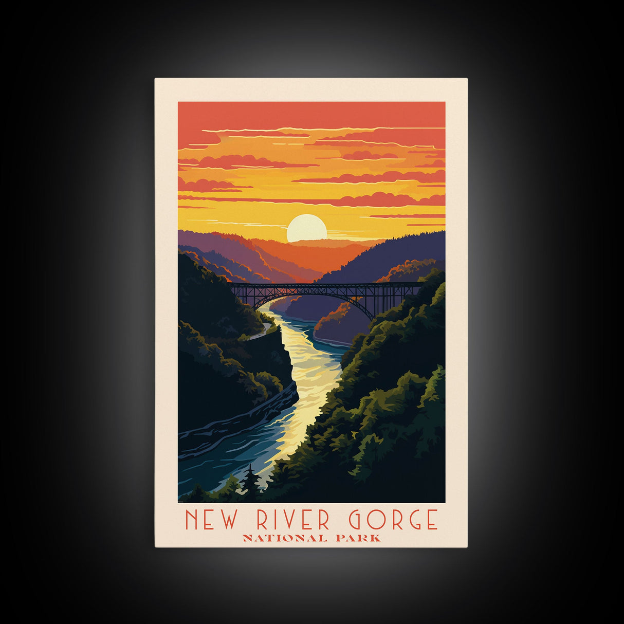 New River Gorge National Park, West Virginia Travel Art, National Park Print, Minimalist Travel Art, Midcentury Modern Retro Style Landscape