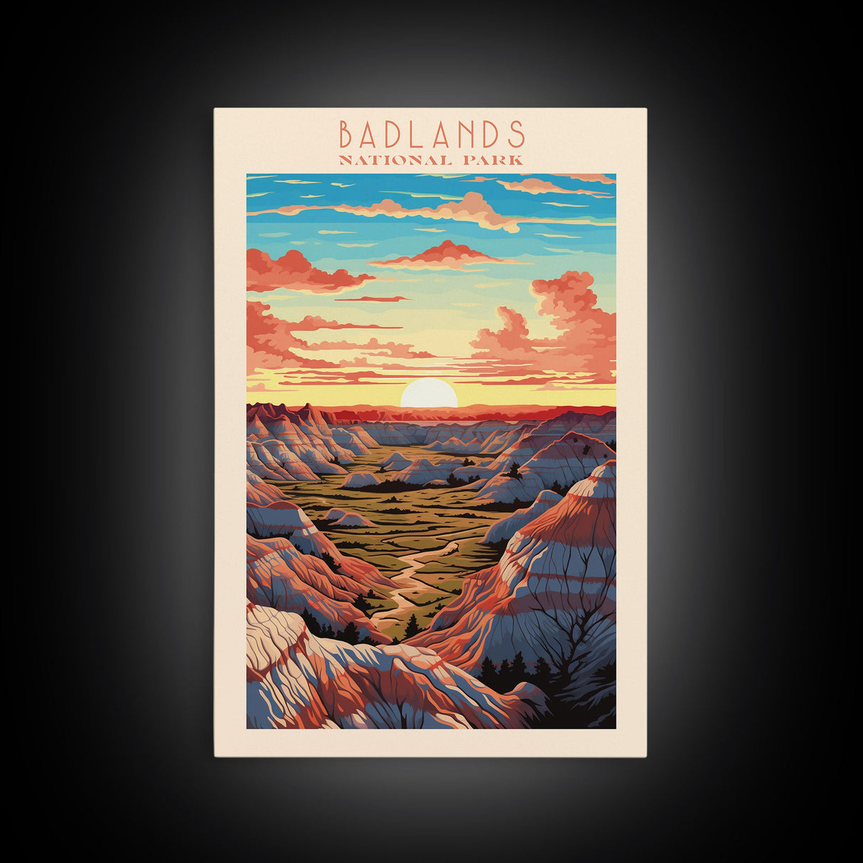 Badlands National Park, Framed Wall Art Canvas Print, Travel Poster, South Dakota Travel Art, Roadtrip Decor, Cool Art, Retro State Park Art