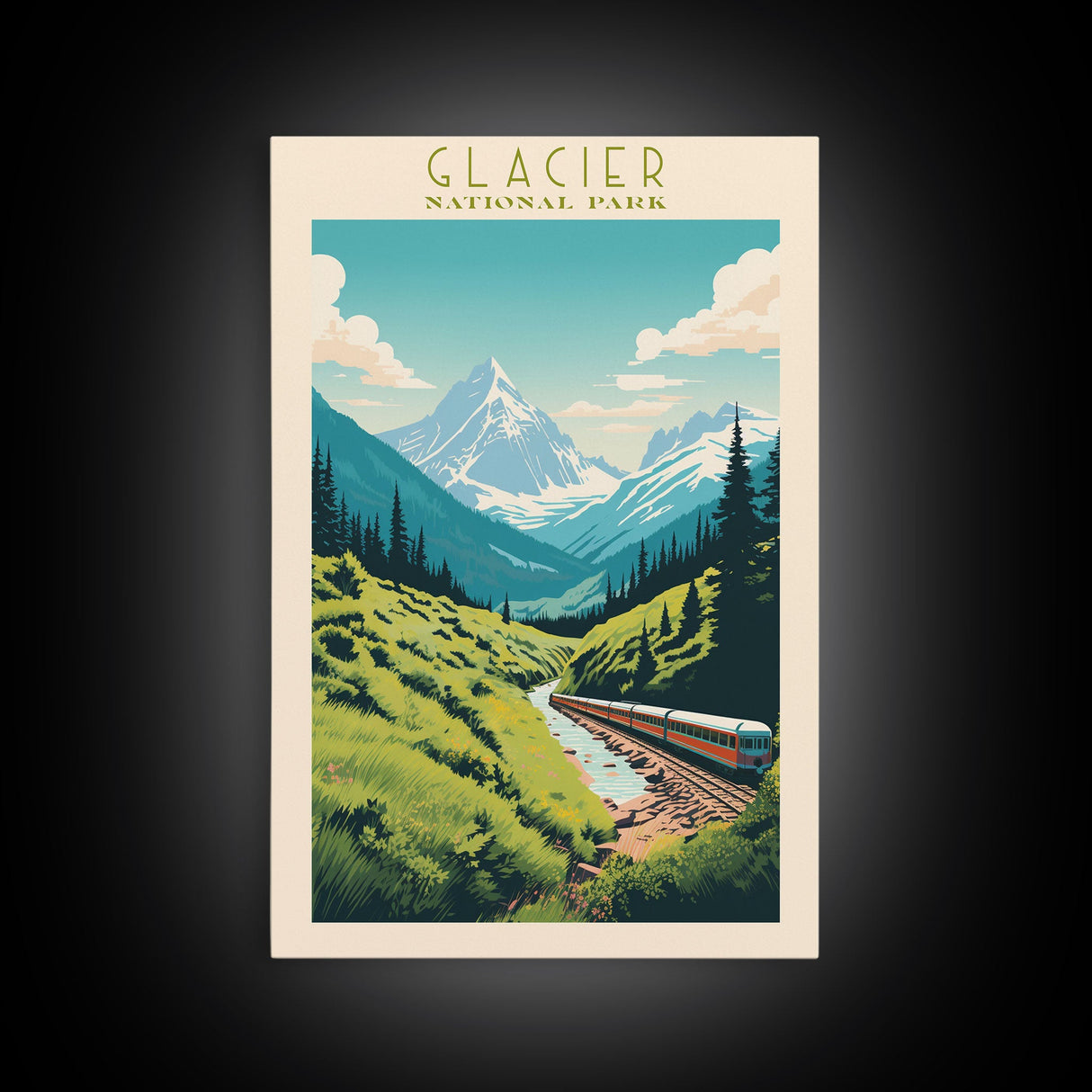 Glacier National Park Travel Poster Art, Canvas Print Wall Art, Montana Travel Art, Midcentury Modern Travel Decor, MCM Wall Art