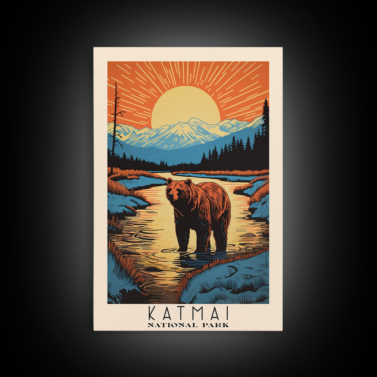 Katmai National Park, Alaska Travel Art, National Park Print, Minimalist Travel Art, Midcentury Modern Retro Style Landscape