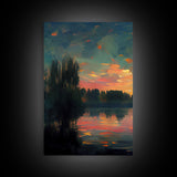 Lakehouse Canvas Print, watercolor painting of a sunset reflected on a lake, 3 Piece Wall Art, Ready To Hang Canvas Print