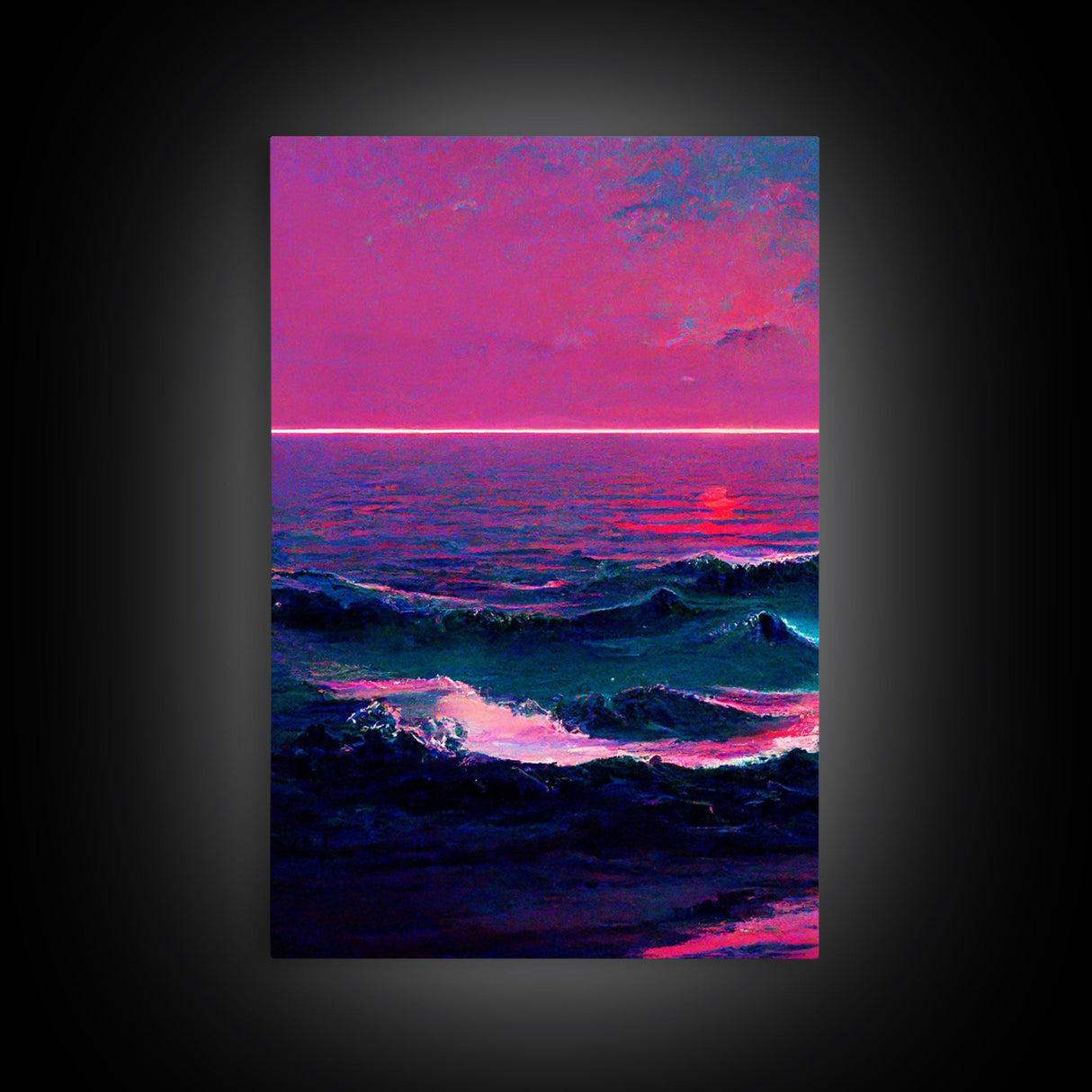 Outrun Style Synthwave Sunset Ocean Waves, 3 Piece Wall Art, Ready To Hang Canvas Print, Cool Unique Lakehouse Wall Art Decor