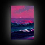 Outrun Style Synthwave Sunset Ocean Waves, 3 Piece Wall Art, Ready To Hang Canvas Print, Cool Unique Lakehouse Wall Art Decor