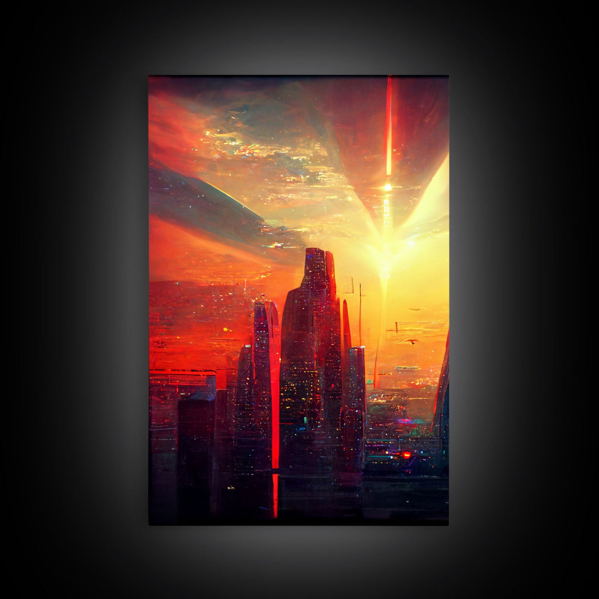 Cyberpunk City At Sunset, Futuristic, 3 Piece Wall Art, Ready To Hang Canvas Print, Cool Living Room Wall Art Decor