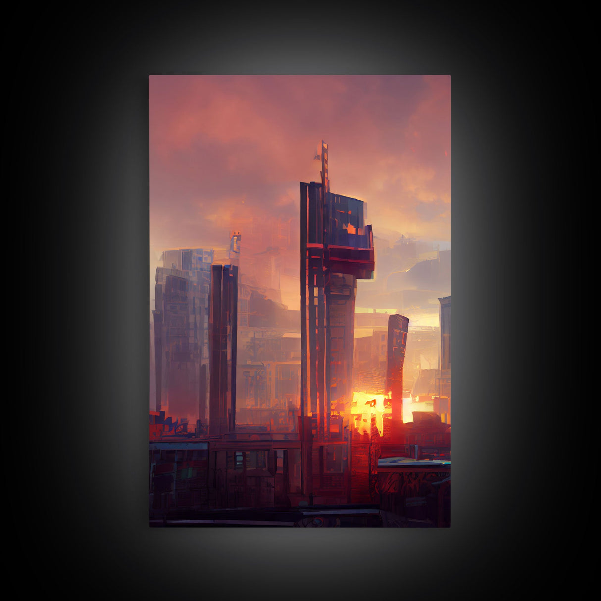 Cyberpunk City, Night City Watercolor, Videogame Concept Art, Watercolor Of a Cyberpunk City 3 Piece Wall Art, Ready To Hang Canvas Print