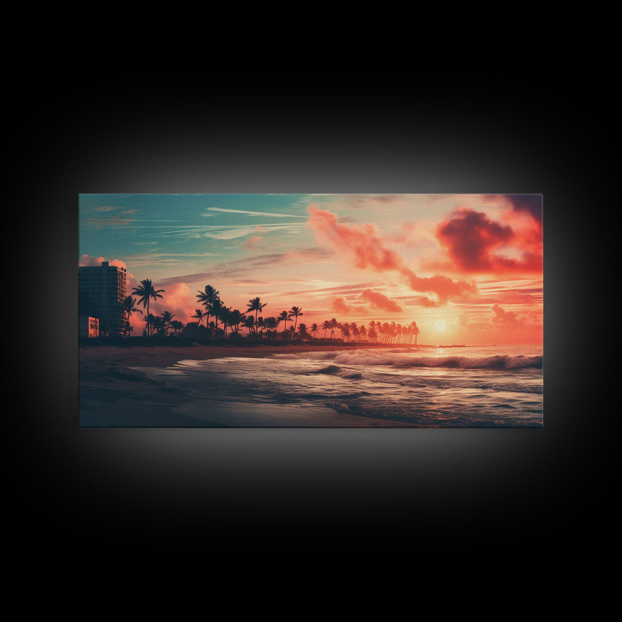 Sunset Over A Miami Beach, Framed Canvas Print, Vaporwave Wall Art, Retro 1980s Beach Art