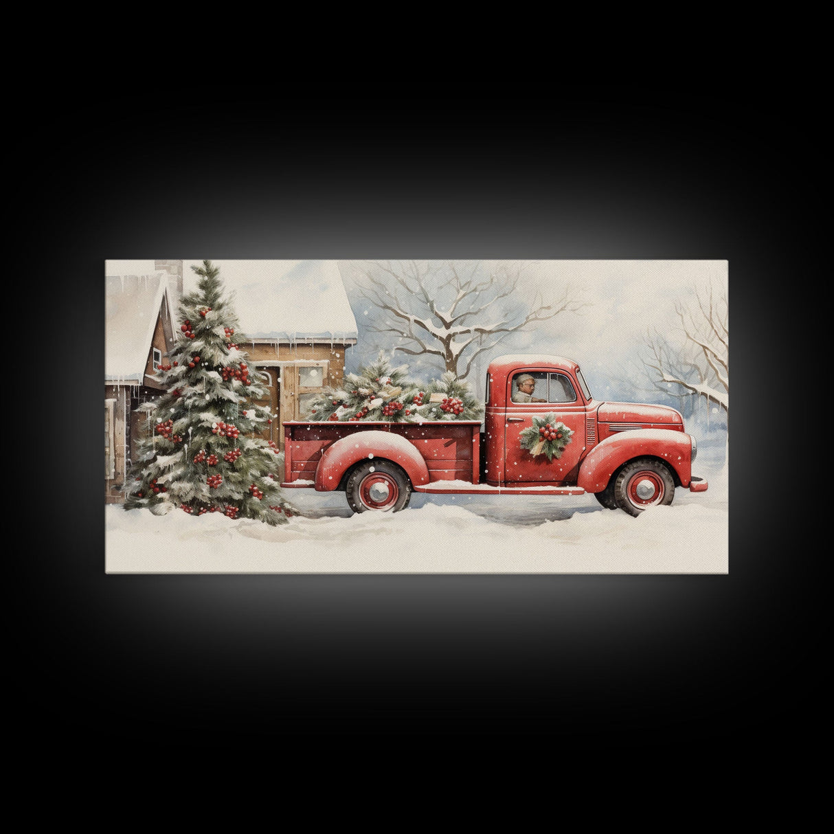 Christmas Tree Delivery - Retro Farmhouse Christmas Decor - Old Red Truck Delivering Christmas Trees - Framed Canvas Print - Holiday Decor