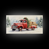 Christmas Tree Delivery - Retro Farmhouse Christmas Decor - Old Red Truck Delivering Christmas Trees - Framed Canvas Print - Holiday Decor