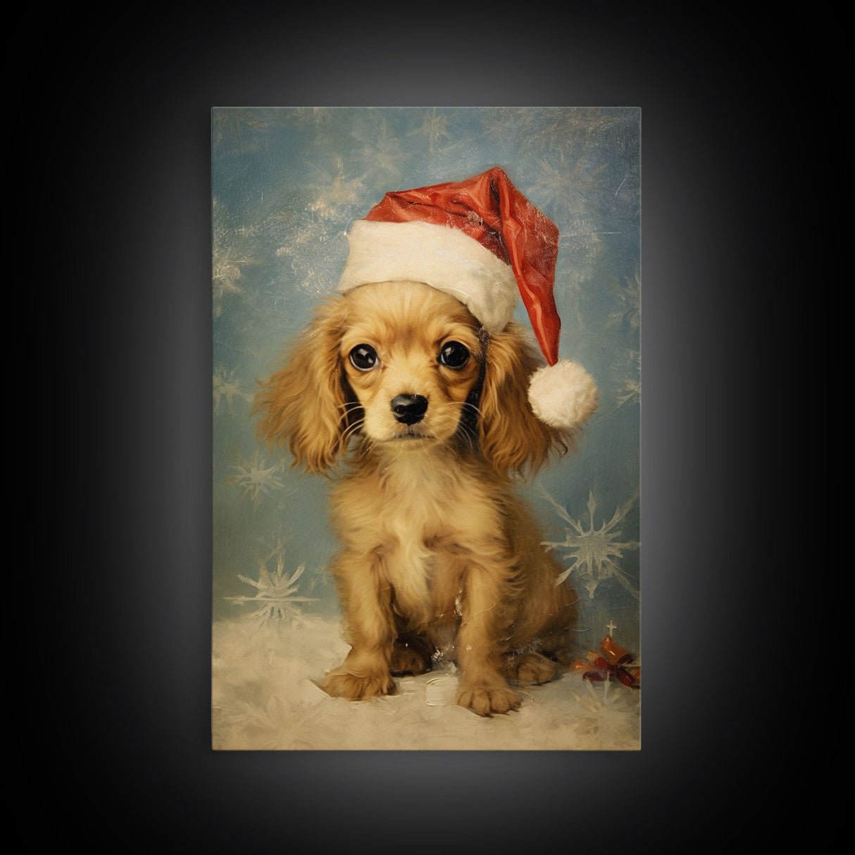 Cocker Spaniel Puppy In A Santa Hat, Framed Canvas Print, Christmas Decor, Holiday Decor, Seasonal Wall Decor, Farmhouse Christmas