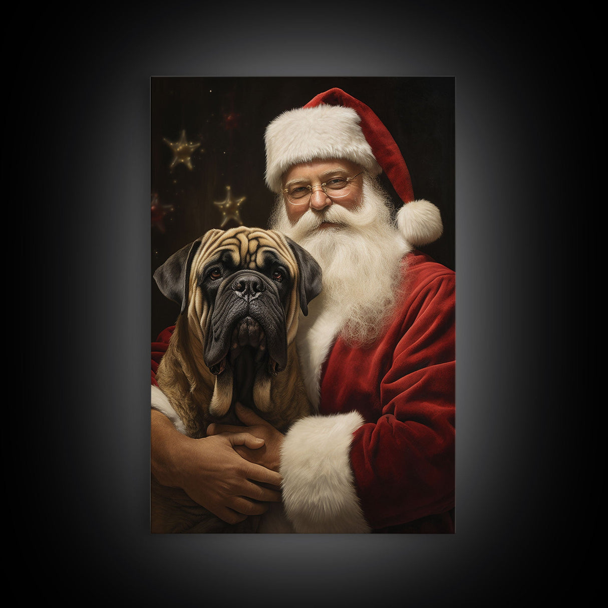 Santa and his English Mastiff, Framed Canvas Print, Christmas Wall Art, Xmas Art, Christmas Art Print, Santa Decor