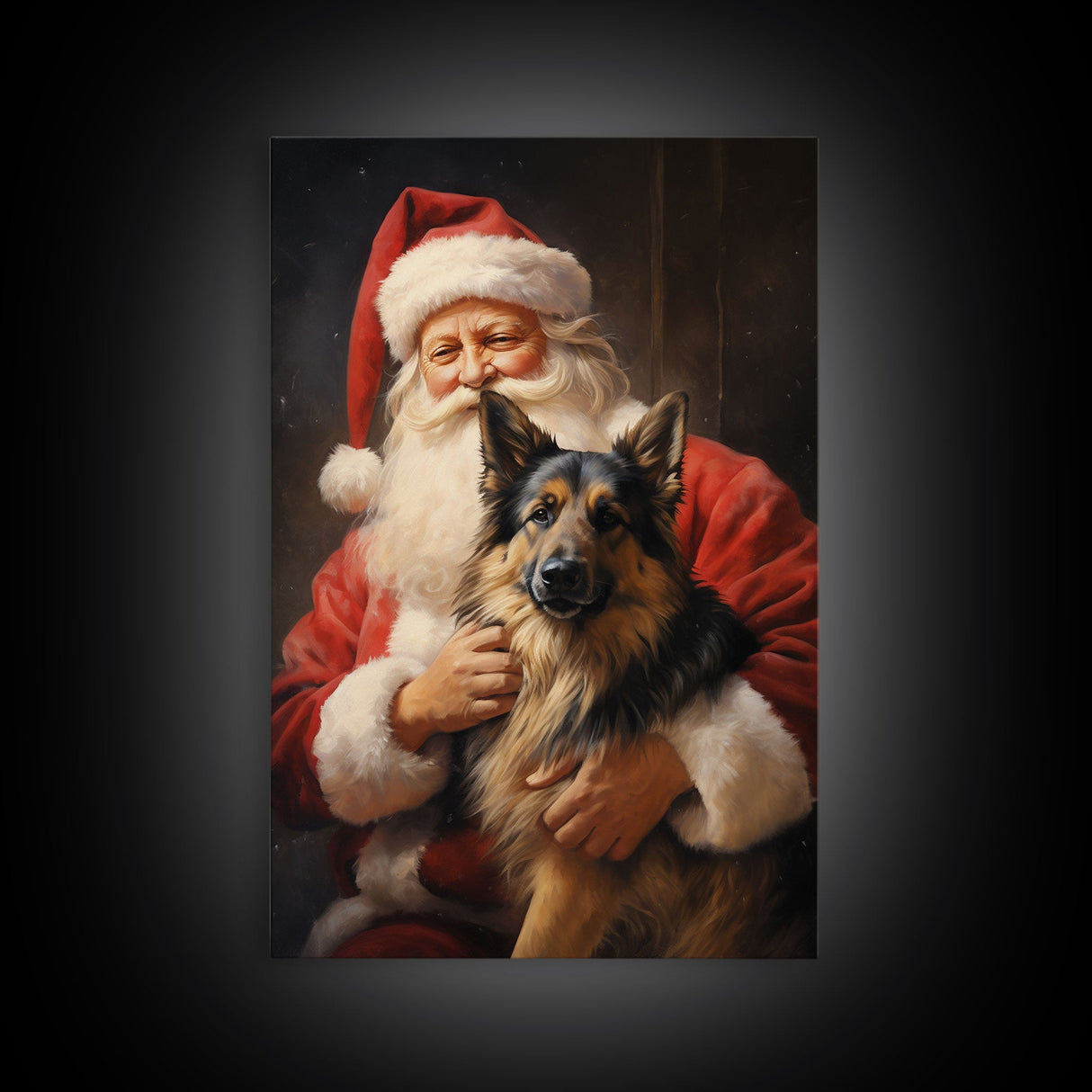 Santa Holding A German Shepherd, Framed Canvas Print, Christmas Wall Art, Xmas Art, Christmas Art Print, Santa Decor, Farmhouse Christmas