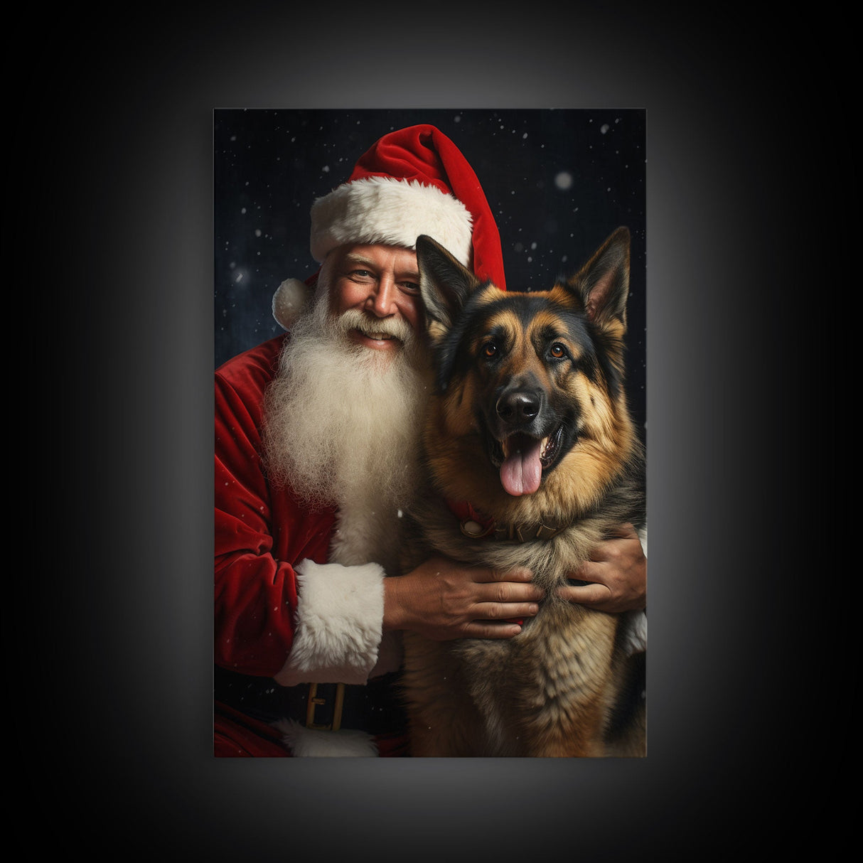 Santa Holding A German Shepherd, Framed Canvas Print, Christmas Wall Art, Xmas Art, Christmas Art Print, Santa Decor, Farmhouse Christmas