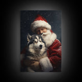 Santa Holding A Siberian Husky, Framed Canvas Print, Christmas Wall Art, Xmas Art, Christmas Art Print, Santa Decor, Farmhouse Christmas