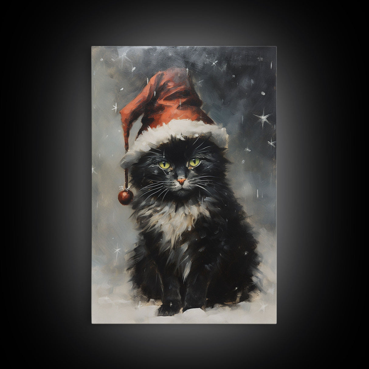 Black Christmas Cat Wearing A Santa Hat, Framed Canvas Print, Christmas Decor, Xmas Wall Art, Holiday Decor, Seasonal Wall Decor