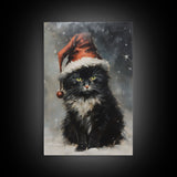 Black Christmas Cat Wearing A Santa Hat, Framed Canvas Print, Christmas Decor, Xmas Wall Art, Holiday Decor, Seasonal Wall Decor