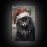 Christmas Cat In His Christmas Hat, Framed Canvas Print, Holiday Decor, Framed Canvas Print, Seasonal Wall Art