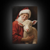 Farmhouse Christmas Decor, Santa And A Little Sheep, Framed Canvas Print, Christmas Wall Art, Xmas Art, Christmas Art Print, Santa Decor