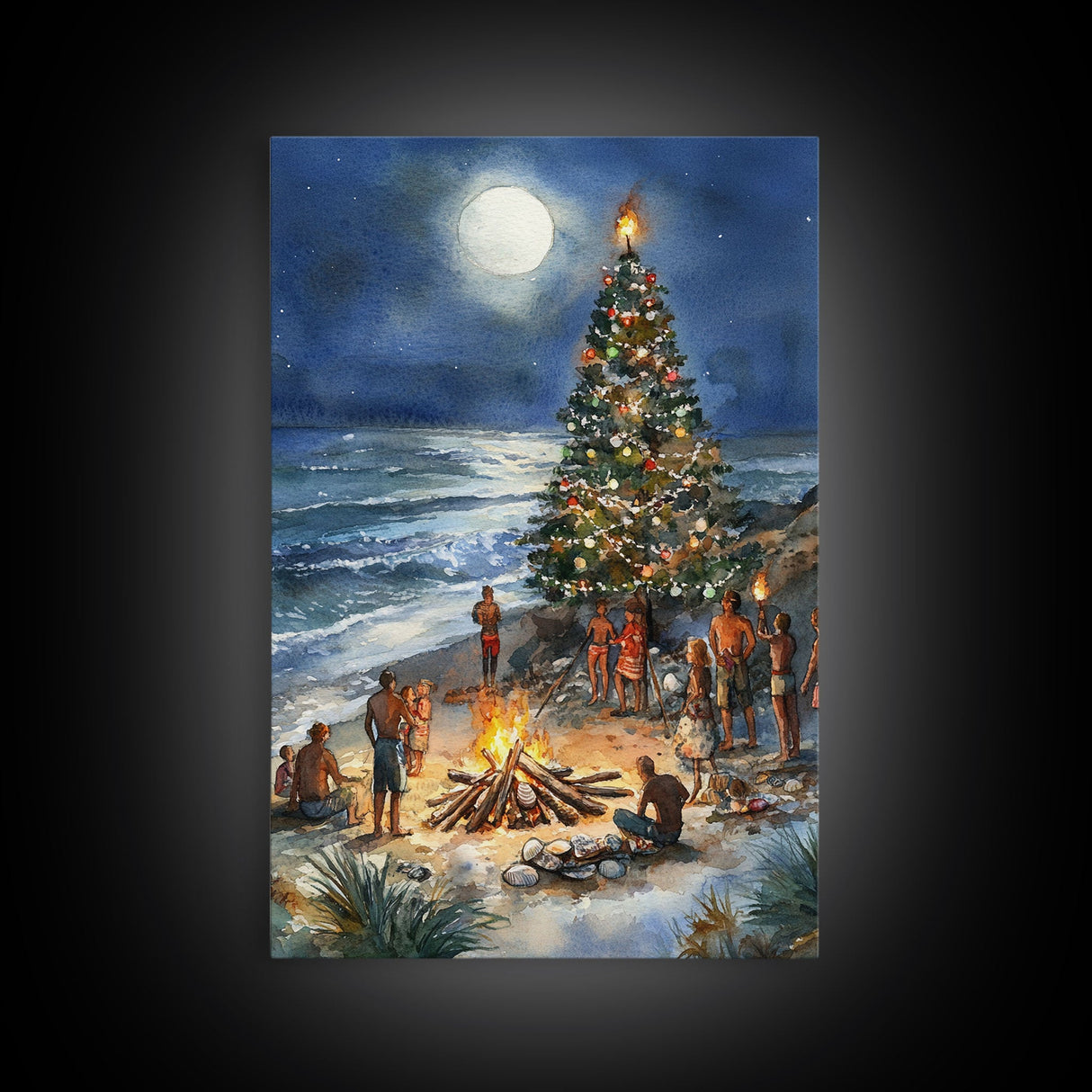 Christmas At The Beach, Framed Canvas Print, Christmas Decor, Christmas Art, Christmas Art Prints, Tropical Christmas, Beach House Art