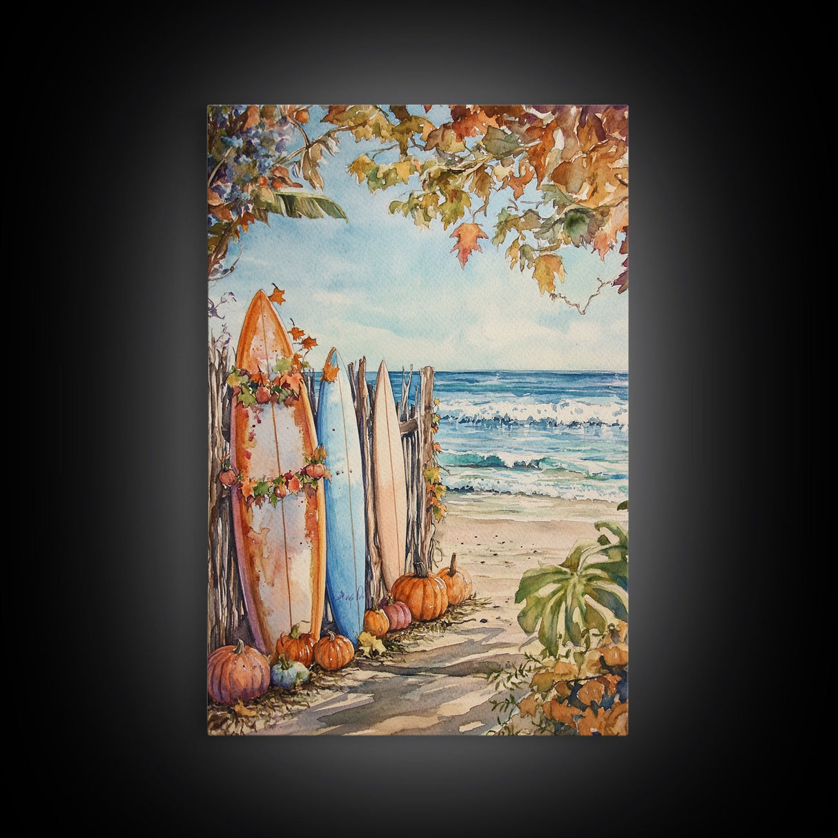 Surfboards In The Fall, Surfer Thanksgiving Wall Art Framed Canvas Print, Tropical Decor, Beach Art