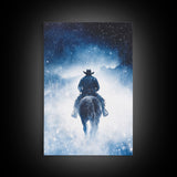 Rider In The Snow Storm, Framed Canvas Print, Western Winter Landscape Painting, Winter Wonderland Art