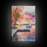 Sailboats at Sunset In The Fall, Framed Canvas Print, Beach House Wall Art, Lake House Art