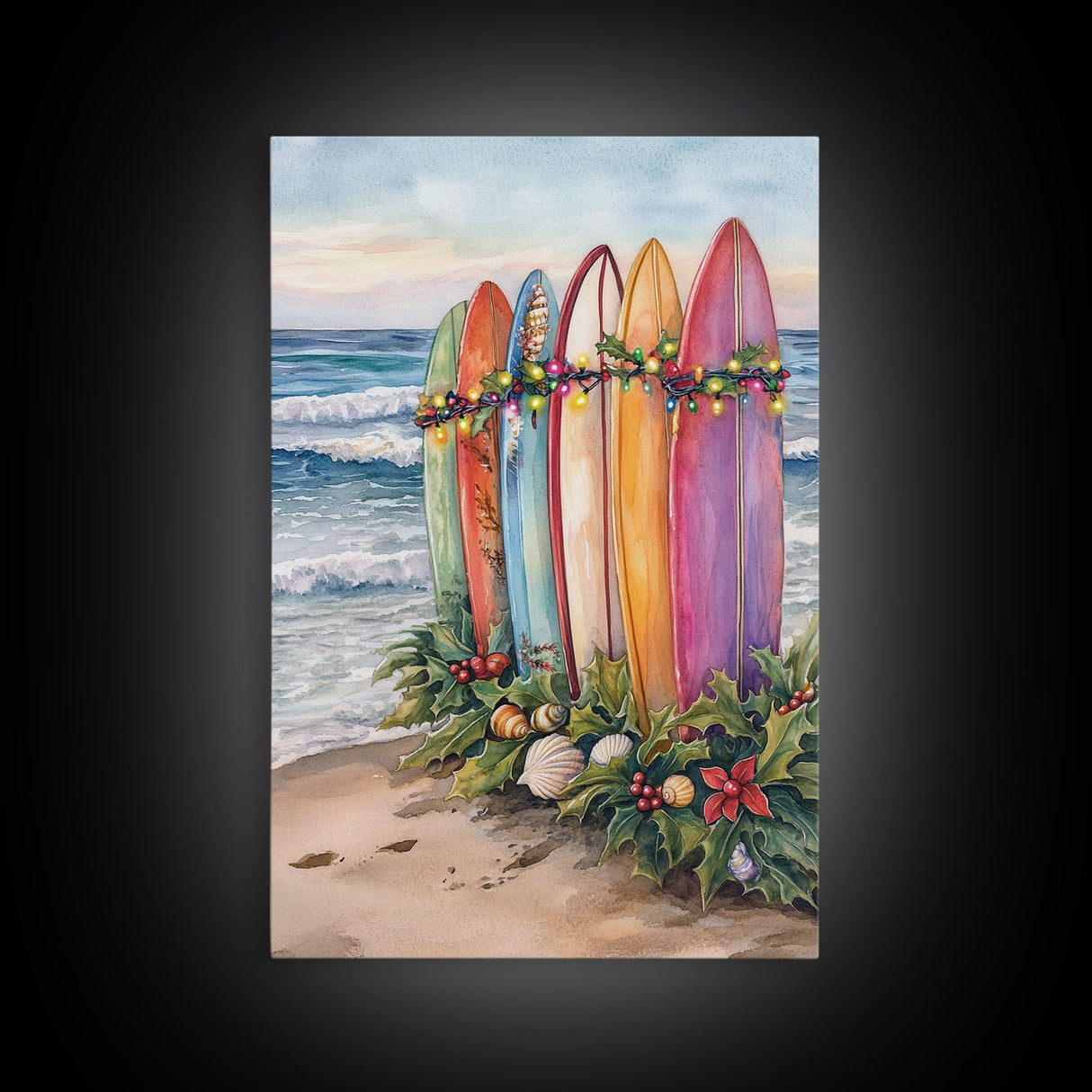 Surf Board Christmas, Framed Canvas Print, Beautiful Trendy Christmas Wall Art With Wood Frame, 2024 Xmas Decor, Christmas 2024