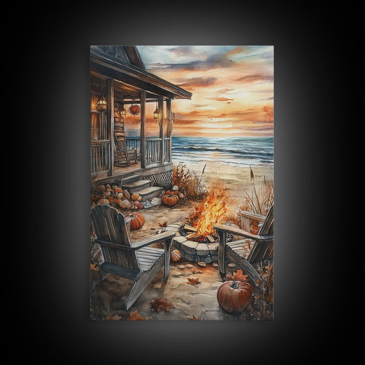 Beach Campfire On The Fall, Framed Canvas Print, Boho Beach Art Nautical Decor, Modern Christmas / Thanksgiving Gift Wall Art