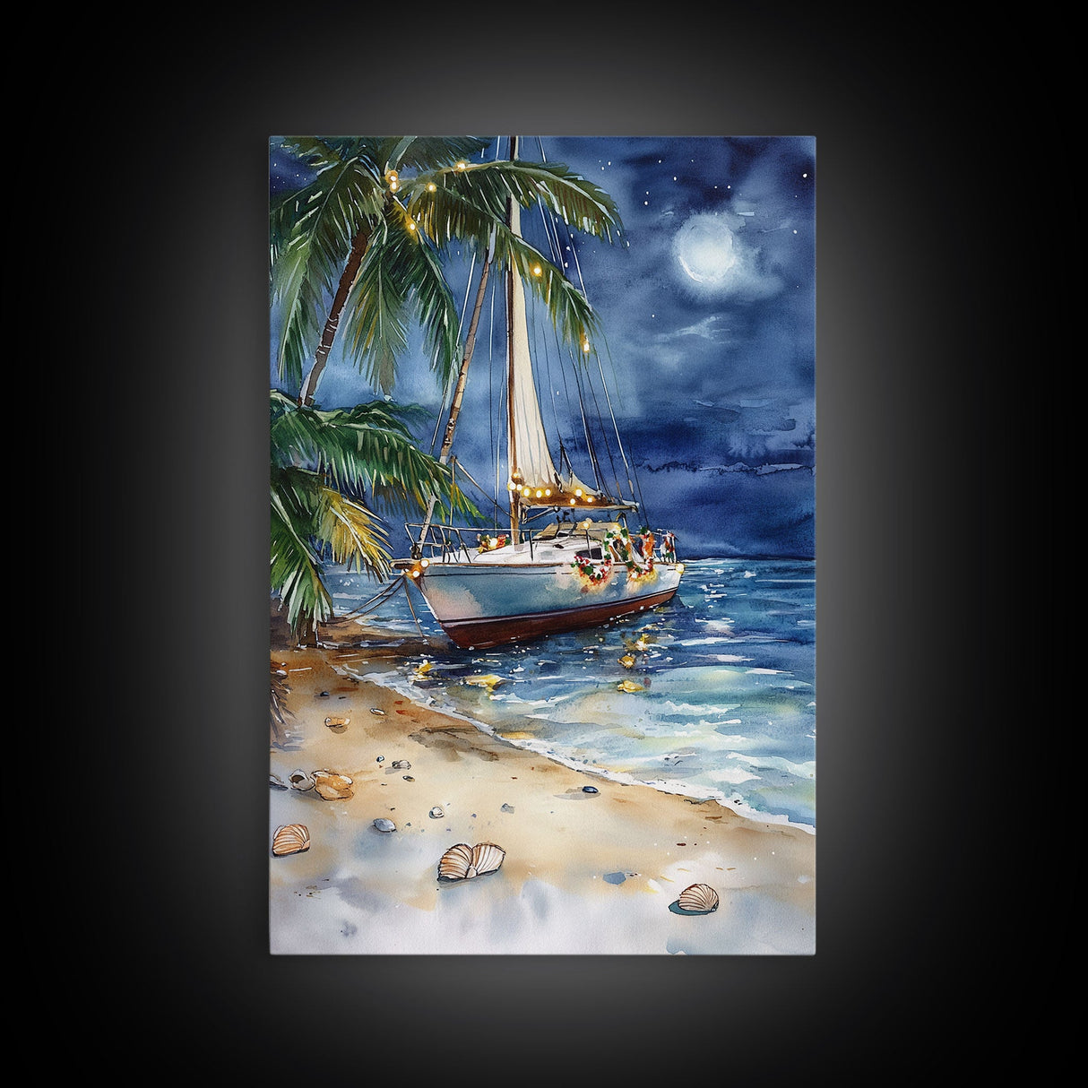 Sailboat On The Beach At Christmas, Framed Canvas Print, Christmas Home Decor / Gift, Christmas Wall Print