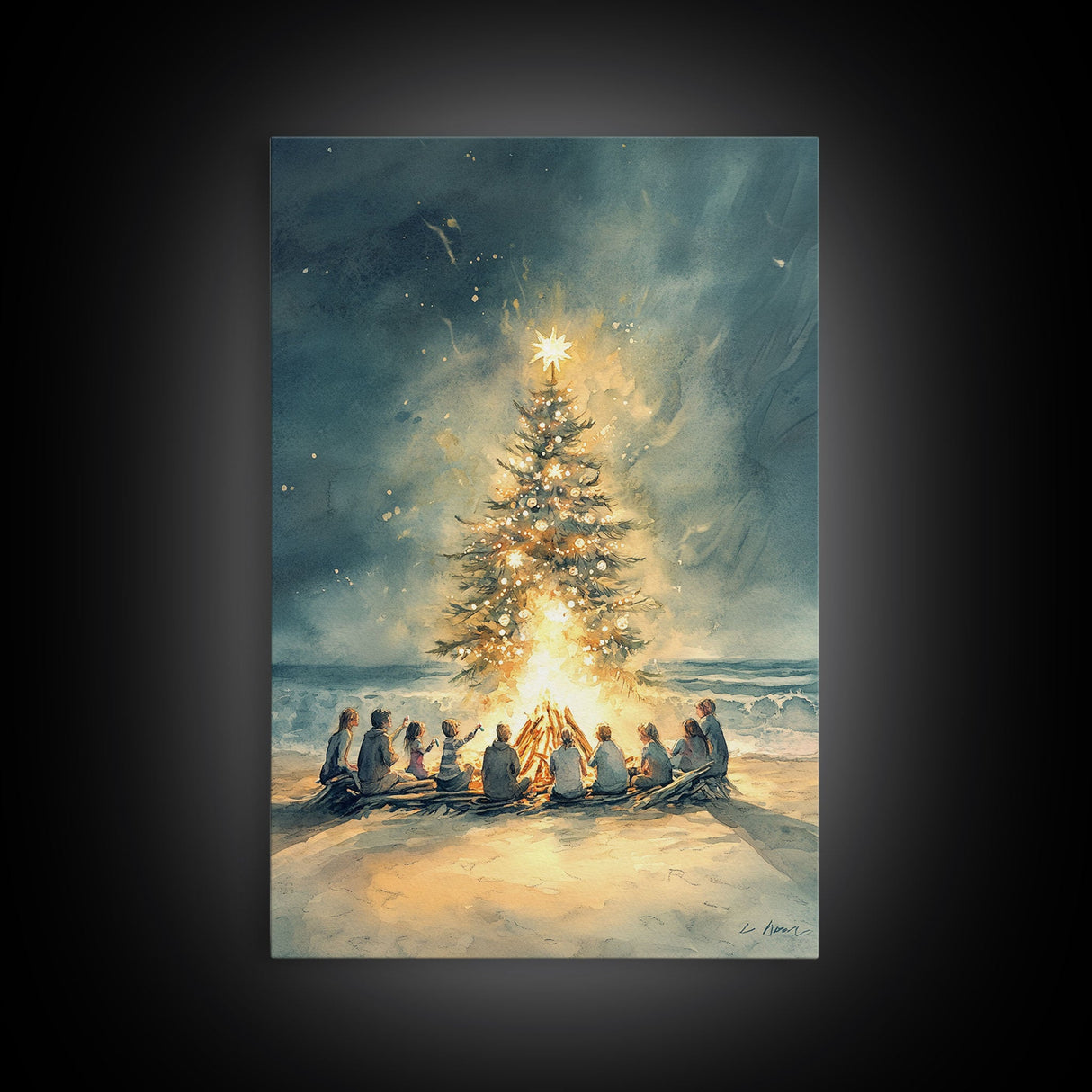 Christmas Beach Bonfire Framed Canvas Print, Christmas Painting Wall Art, Christmas Handmade Art, Best Gift Christmas Decor