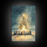 Christmas Beach Bonfire Framed Canvas Print, Christmas Painting Wall Art, Christmas Handmade Art, Best Gift Christmas Decor