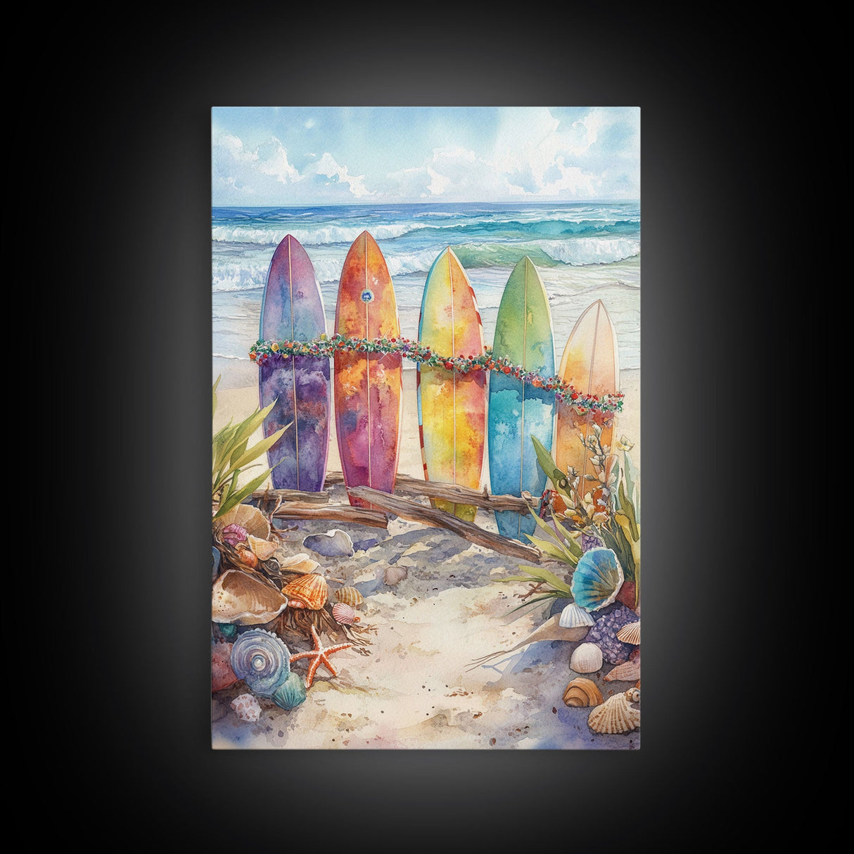 Christmas Surfboards On A Snowy Beach, Framed Canvas Print, Tropical / Nautical Christmas Art or Gift Idea, Christmas Poster