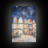 Christmas Surfboards On A Snowy Beach, Framed Canvas Print, Tropical / Nautical Christmas Art or Gift Idea, Christmas Poster