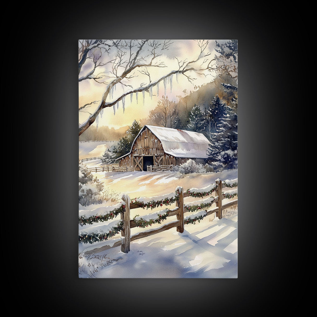 Winter Barn Painting Framed Canvas Print, Xmas Wall Art, Xmas Gift, Winter Wonderland Gift Idea, Western Decor