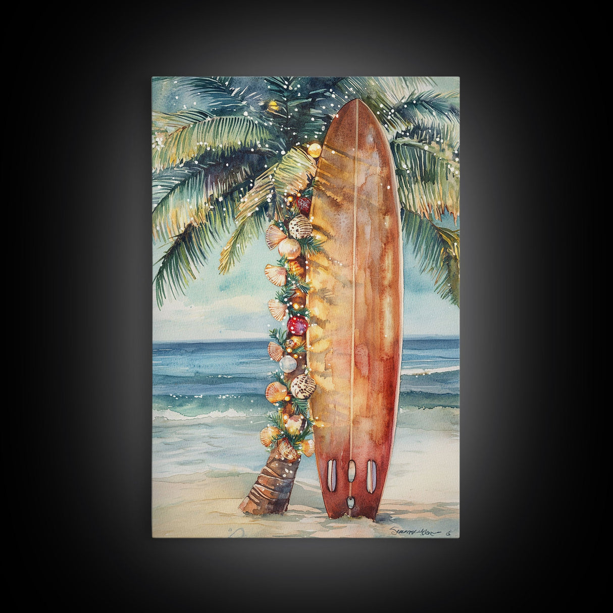 Surfboard Art Framed Canvas Print, Tropical Christmas Decor, Xmas Art, Christmas 2024 Gift Idea For Her