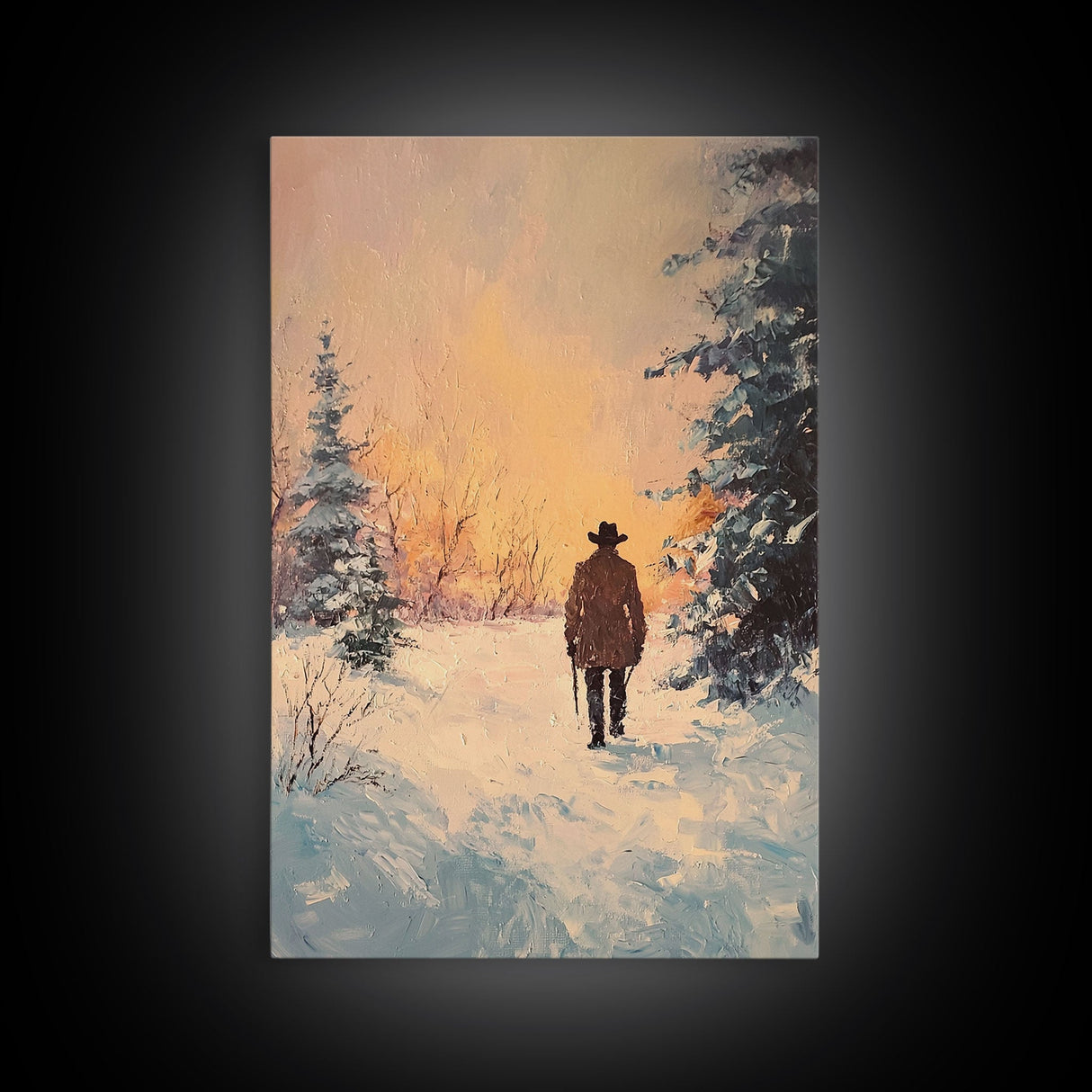 Lone Cowboy in Snowy Forest Canvas Print, Winter Wonderland Western Art, Christmas Wall Art Gift, Seasonal Holiday Decor, Tall Canvas Print