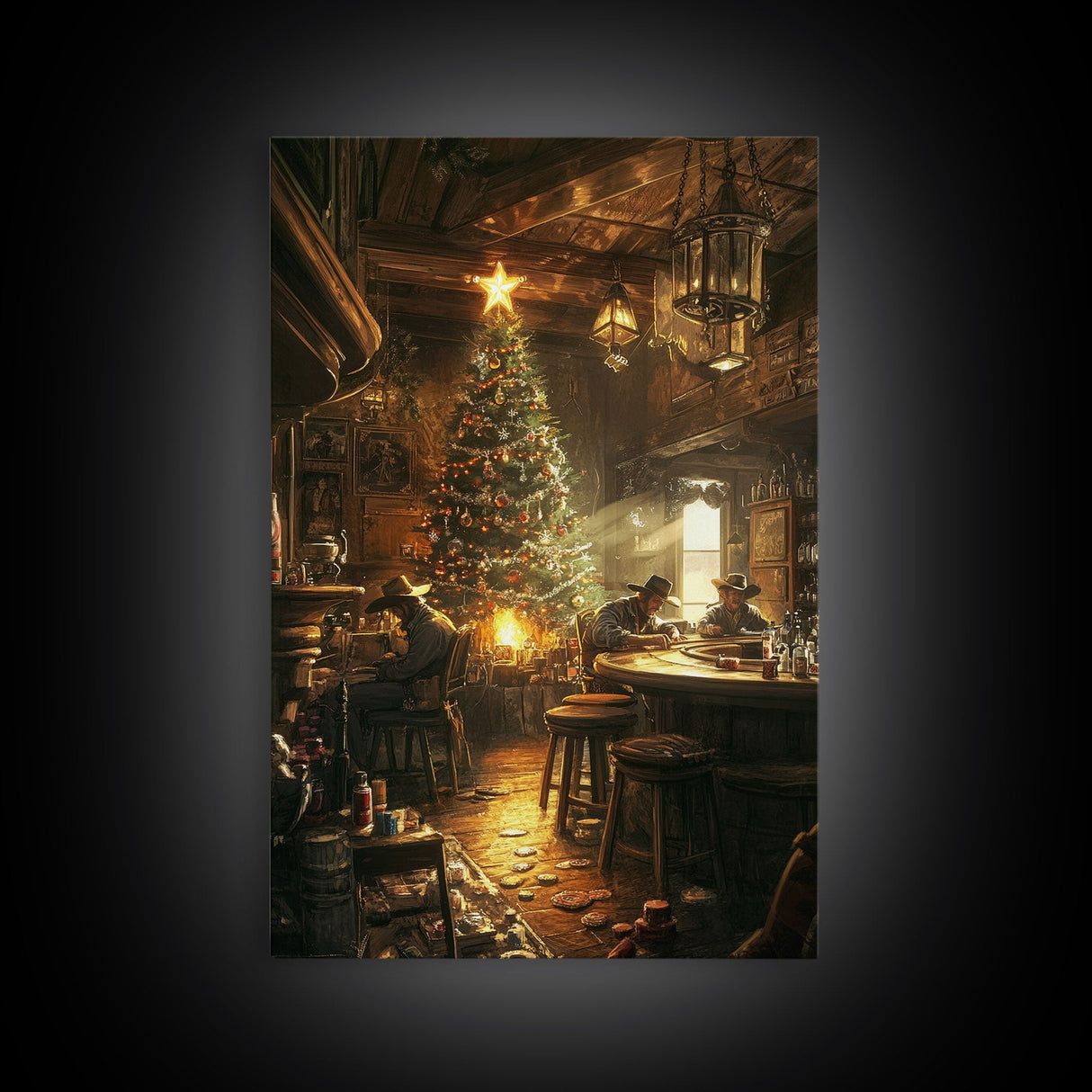 Rustic Western Tavern Christmas Tree Scene Framed Canvas Print Holiday Wall Art Christmas Decor Western Christmas Gift Rustic Holiday Art