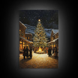 Western Christmas Town Gathering Framed Canvas Print, Cowboy Christmas Eve by the Bonfire Tree, Festive Winter Wall Art Rustic Holiday Decor