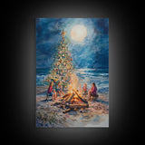 Christmas by the Bonfire Framed Canvas Print Family Gathering Around Christmas Tree Beach, Coastal Holiday Wall Art Nautical Christmas Decor